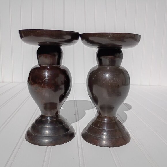 Vintage Candle Sticks Bronze Tone Heavy Metal Holders Taper Pillar Pair MCM - Picture 9 of 9